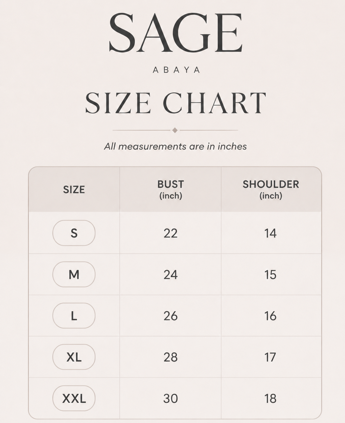 SAGE size chart